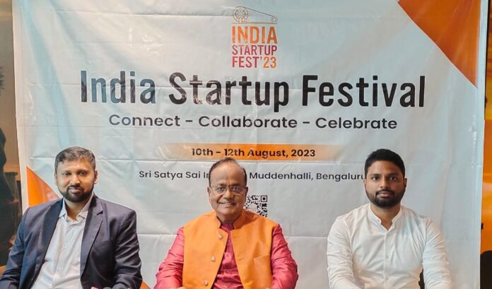 From Left to Right: Dr. Siva Mahesh Tangutooru, Founder CEO, Jama Botanics & Turfpearl Agritech; J A Chowdary, Key Architect, Indian Tech Industry; Achyut Yerragangu, Founder CEO, Nature Quotient Ventures At India Startup Festival 2023.